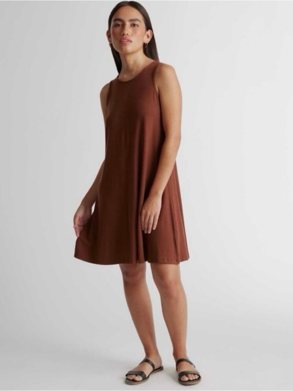 Quince NEW Tencel Jersey Mini Swing Dress Brown Large